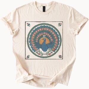 Ornate Peacock Graphic Tee Vintage Woodblock Print Style